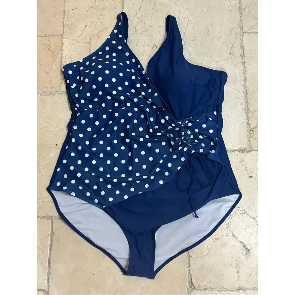Bloomchic 26 Navy Polka Dot One Shoulder Tummy Control Swimsuit NWT